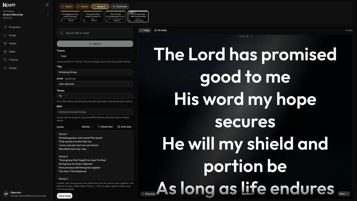Kastr lyrics editor with section chips
